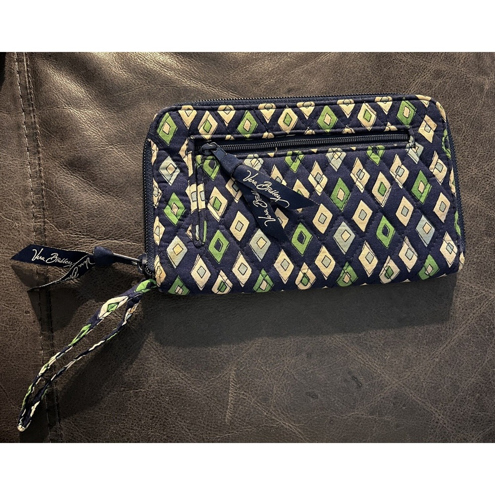 Vera‎ Bradley Zip Around Wallet Wristlet Navy Blue Green Quilted